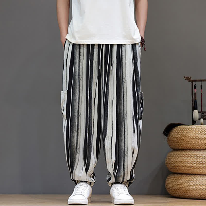 Nimara Ritual Summer Casual Boho Patch Pocket Striped Cropped Pants Men's Harem Pants With Pocket