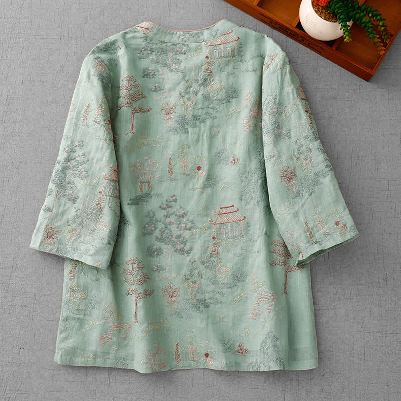 Nimara Ritual Summer Tang Style Vintage Mandarin Collar Embroidery Abstract Women's Short Sleeve Shirts