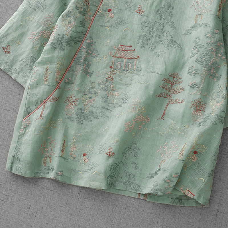 Nimara Ritual Summer Tang Style Vintage Mandarin Collar Embroidery Abstract Women's Short Sleeve Shirts