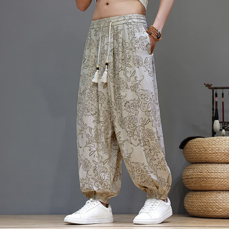 Nimara Ritual Summer Casual Vintage Drawstring Floral Ankle Pants Men's Harem Pants With Pocket