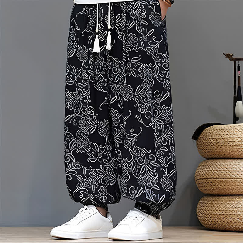 Nimara Ritual Summer Casual Vintage Drawstring Floral Ankle Pants Men's Harem Pants With Pocket