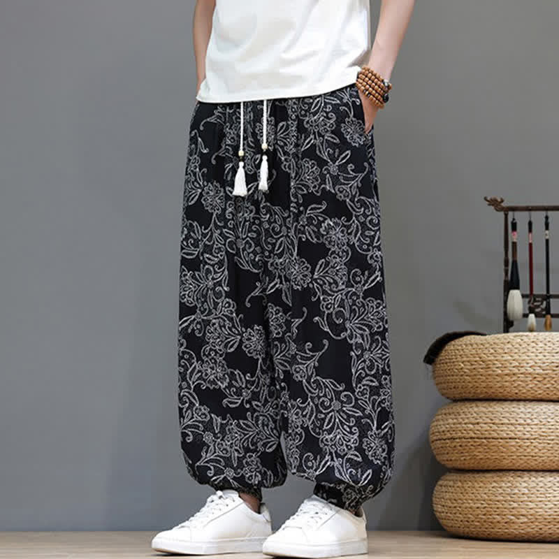 Nimara Ritual Summer Casual Vintage Drawstring Floral Ankle Pants Men's Harem Pants With Pocket