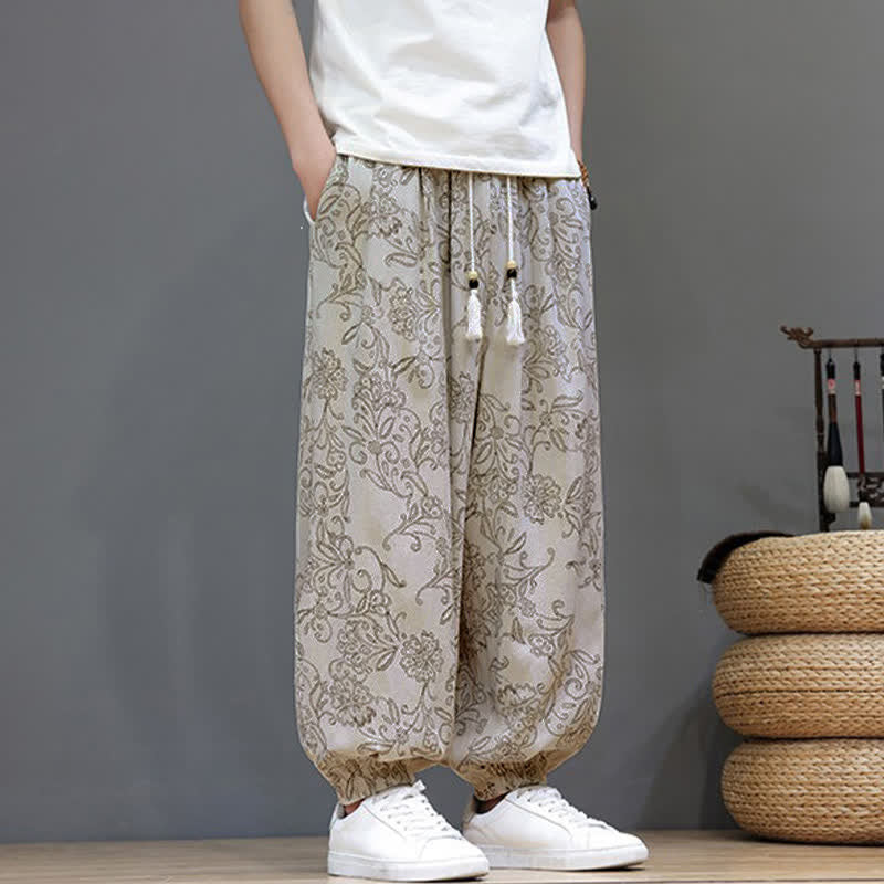 Nimara Ritual Summer Casual Vintage Drawstring Floral Ankle Pants Men's Harem Pants With Pocket