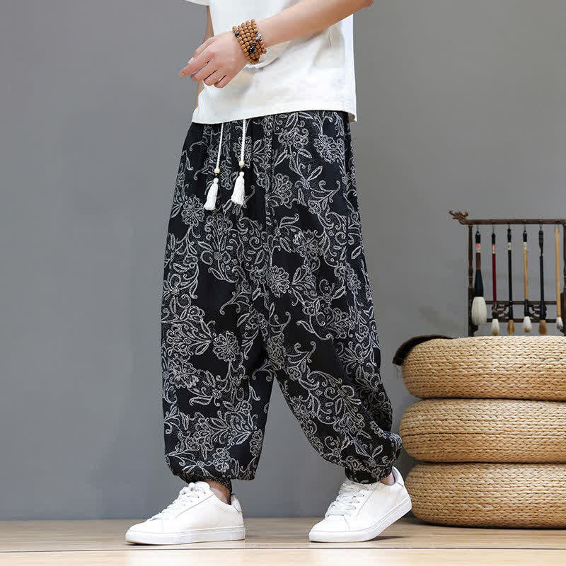 Nimara Ritual Summer Casual Vintage Drawstring Floral Ankle Pants Men's Harem Pants With Pocket