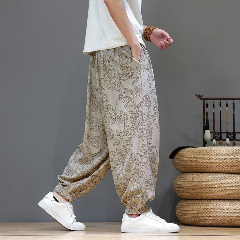 Nimara Ritual Summer Casual Vintage Drawstring Floral Ankle Pants Men's Harem Pants With Pocket
