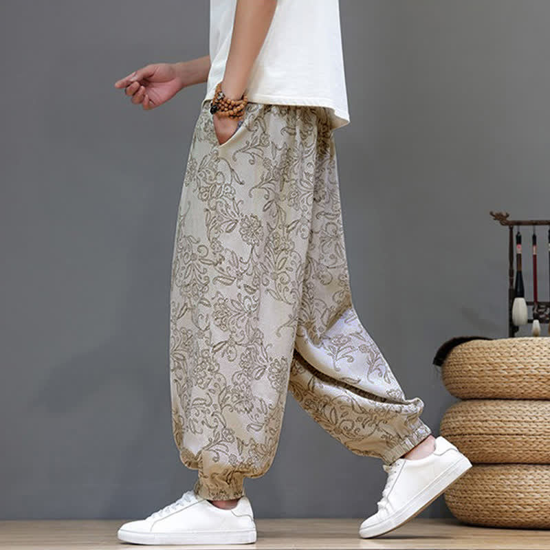 Nimara Ritual Summer Casual Vintage Drawstring Floral Ankle Pants Men's Harem Pants With Pocket