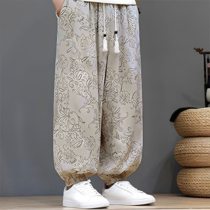 Nimara Ritual Summer Casual Vintage Drawstring Floral Ankle Pants Men's Harem Pants With Pocket