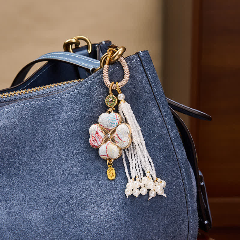 Nimara Ritual Song Brocade Four Leaf Clover Fu Character Lucky Fortune Wealth Tassel Keychains