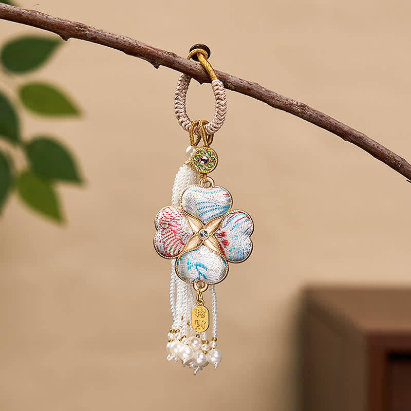 Nimara Ritual Song Brocade Four Leaf Clover Fu Character Lucky Fortune Wealth Tassel Keychains