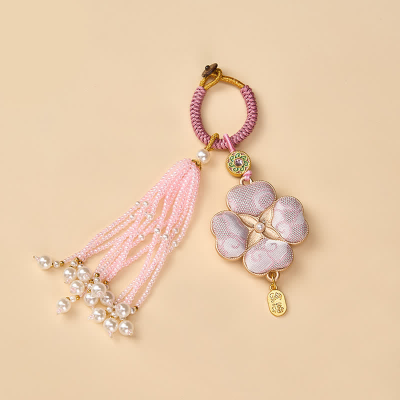 Nimara Ritual Song Brocade Four Leaf Clover Fu Character Lucky Fortune Wealth Tassel Keychains