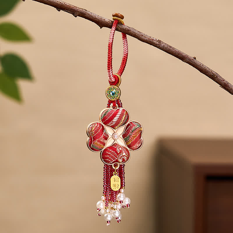 Nimara Ritual Song Brocade Four Leaf Clover Fu Character Lucky Fortune Wealth Tassel Keychains