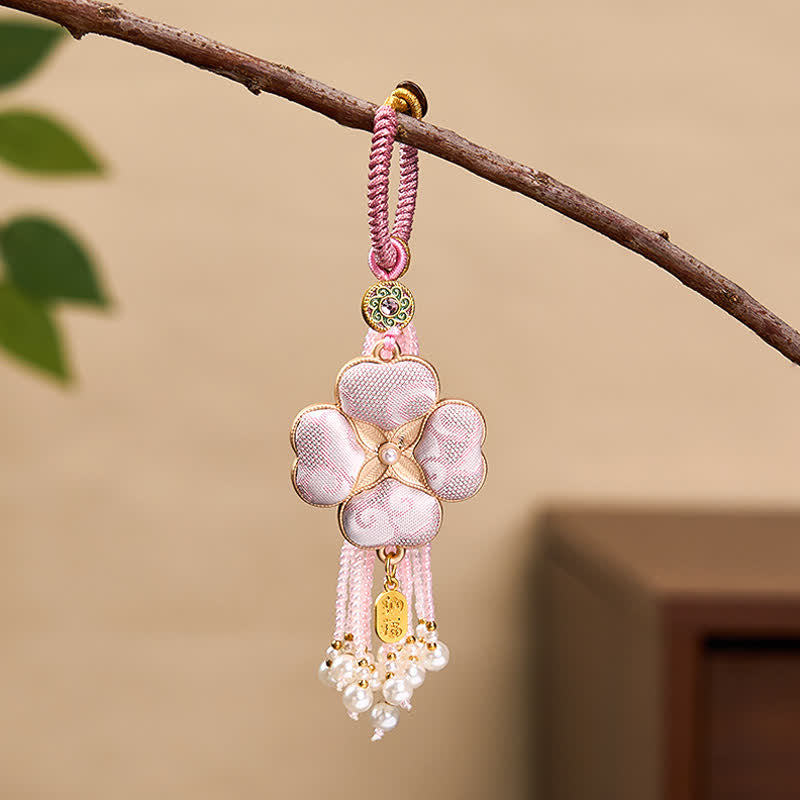 Nimara Ritual Song Brocade Four Leaf Clover Fu Character Lucky Fortune Wealth Tassel Keychains