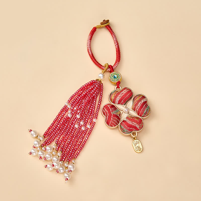Nimara Ritual Song Brocade Four Leaf Clover Fu Character Lucky Fortune Wealth Tassel Keychains