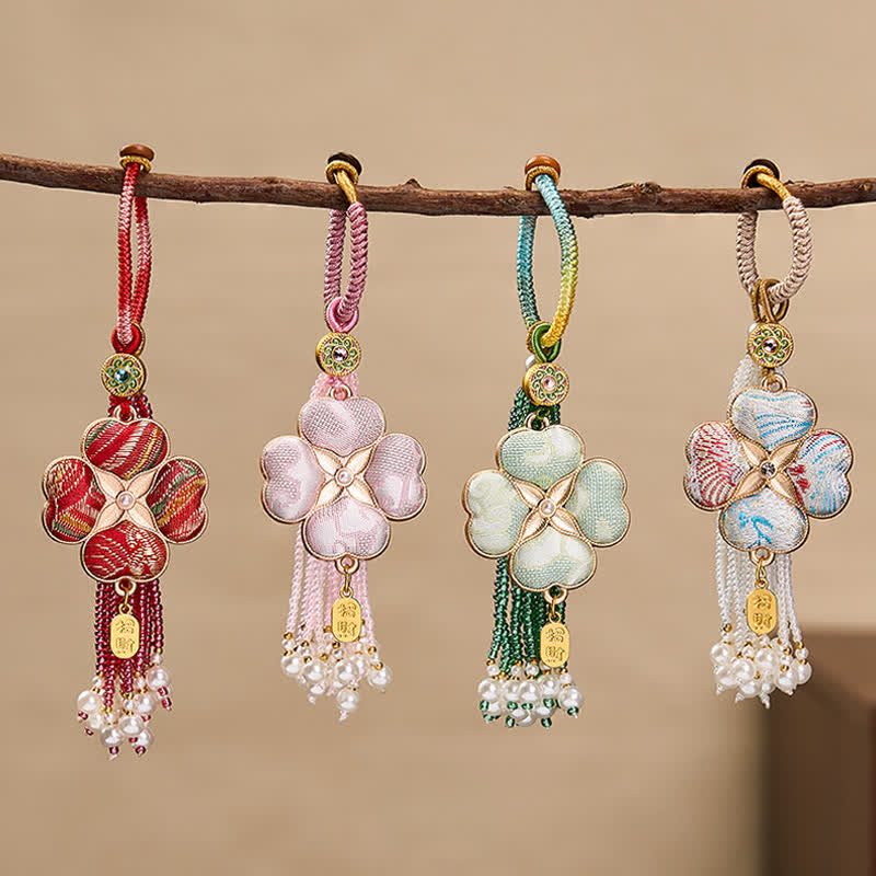 Nimara Ritual Song Brocade Four Leaf Clover Fu Character Lucky Fortune Wealth Tassel Keychains