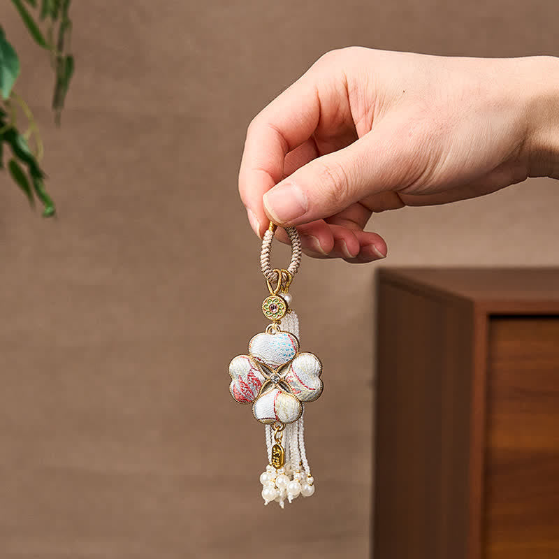 Nimara Ritual Song Brocade Four Leaf Clover Fu Character Lucky Fortune Wealth Tassel Keychains