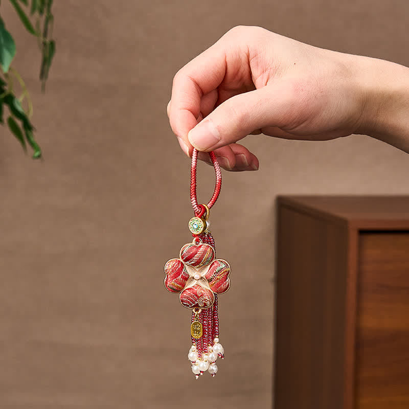Nimara Ritual Song Brocade Four Leaf Clover Fu Character Lucky Fortune Wealth Tassel Keychains