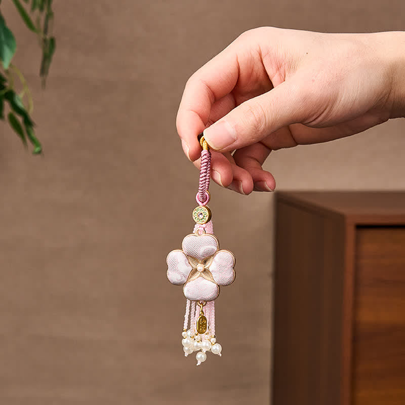 Nimara Ritual Song Brocade Four Leaf Clover Fu Character Lucky Fortune Wealth Tassel Keychains