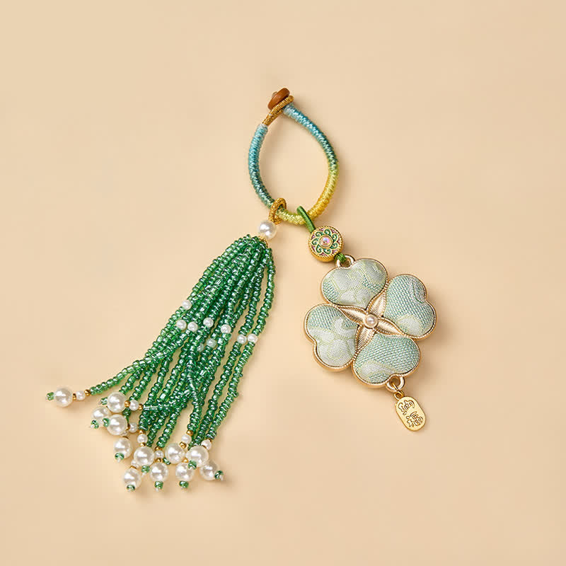 Nimara Ritual Song Brocade Four Leaf Clover Fu Character Lucky Fortune Wealth Tassel Keychains