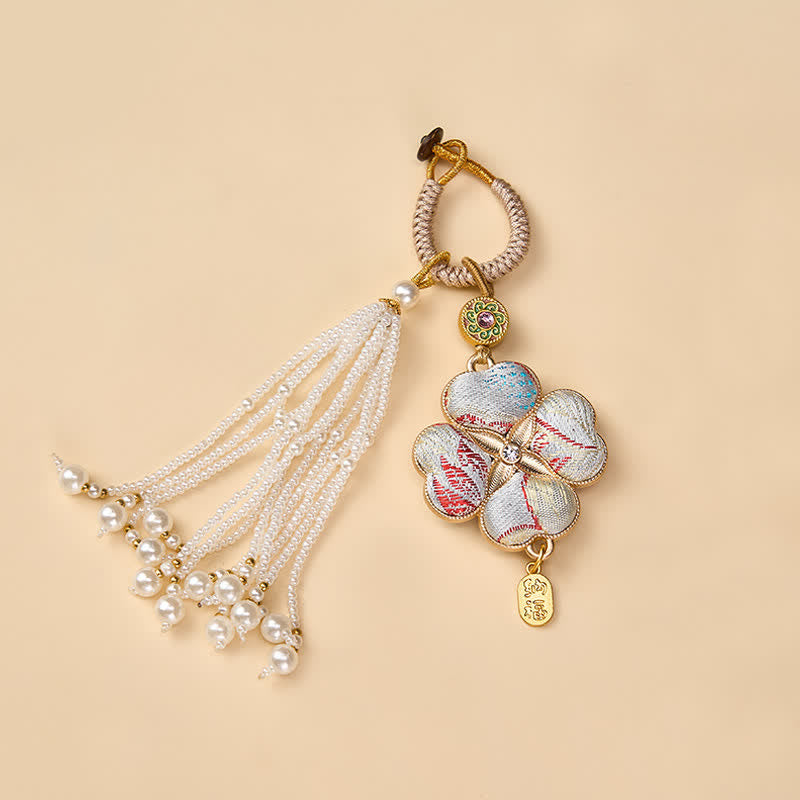 Nimara Ritual Song Brocade Four Leaf Clover Fu Character Lucky Fortune Wealth Tassel Keychains