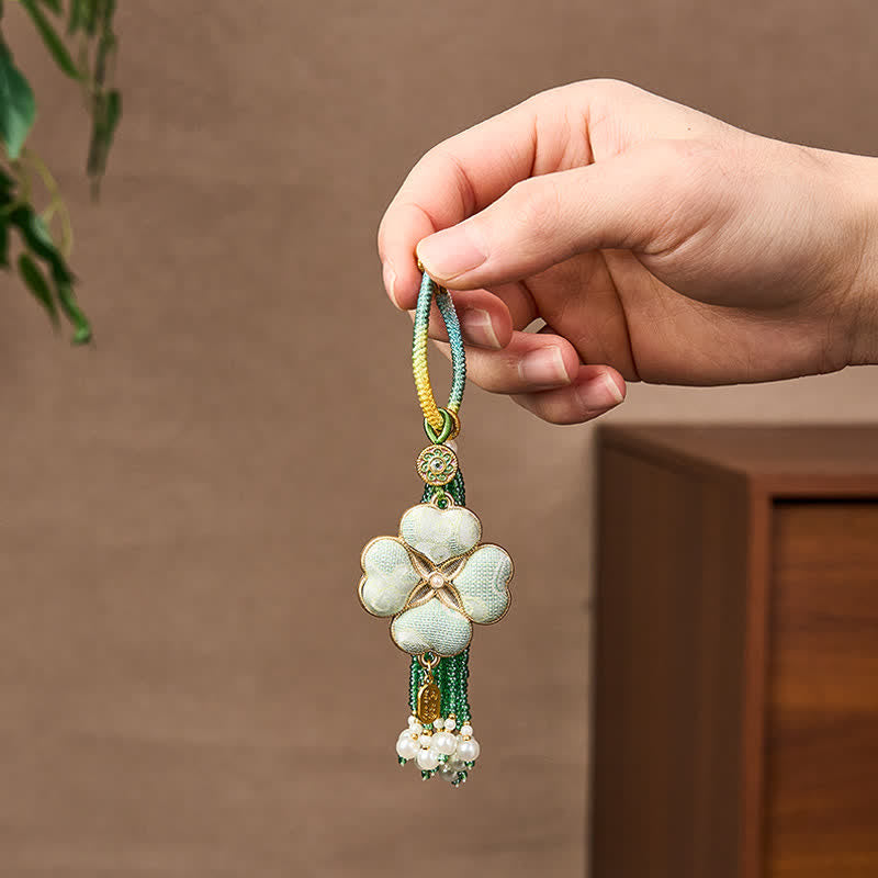 Nimara Ritual Song Brocade Four Leaf Clover Fu Character Lucky Fortune Wealth Tassel Keychains