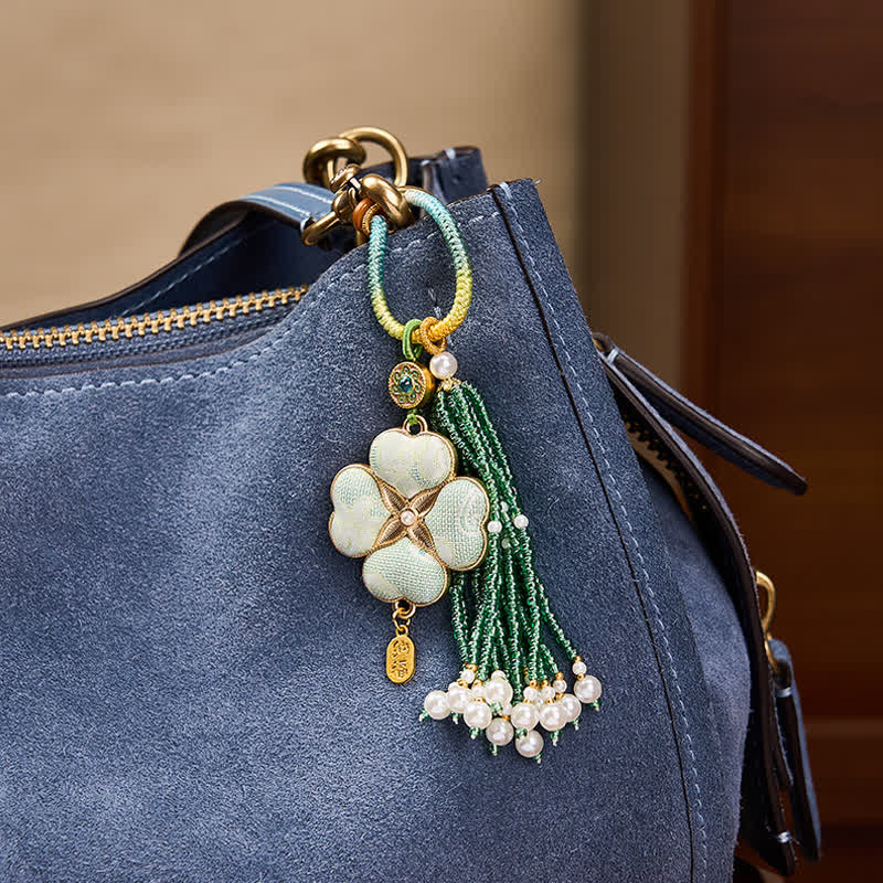 Nimara Ritual Song Brocade Four Leaf Clover Fu Character Lucky Fortune Wealth Tassel Keychains