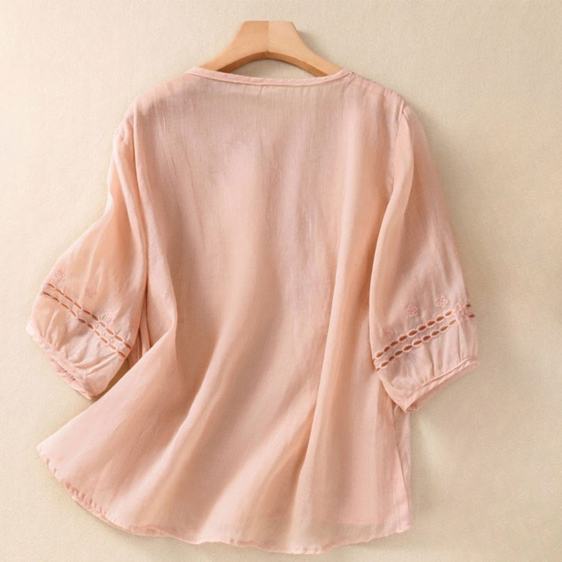 Nimara Ritual Artistic Plain Floral Embroidered Design Crew Neck Puff Half Sleeve Women's T-Shirt