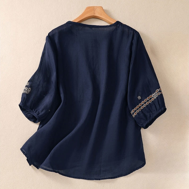 Nimara Ritual Artistic Plain Floral Embroidered Design Crew Neck Puff Half Sleeve Women's T-Shirt