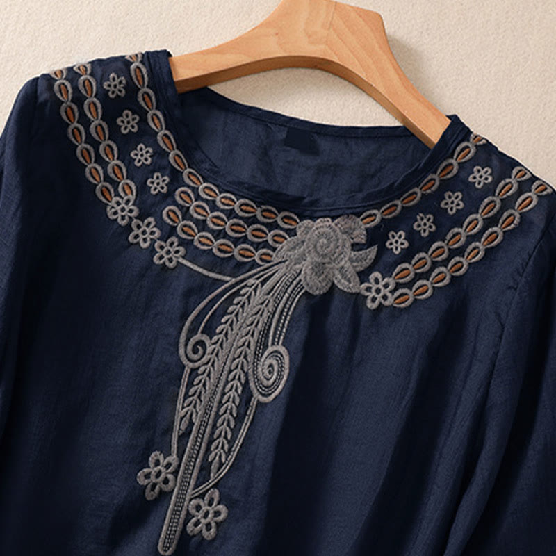 Nimara Ritual Artistic Plain Floral Embroidered Design Crew Neck Puff Half Sleeve Women's T-Shirt