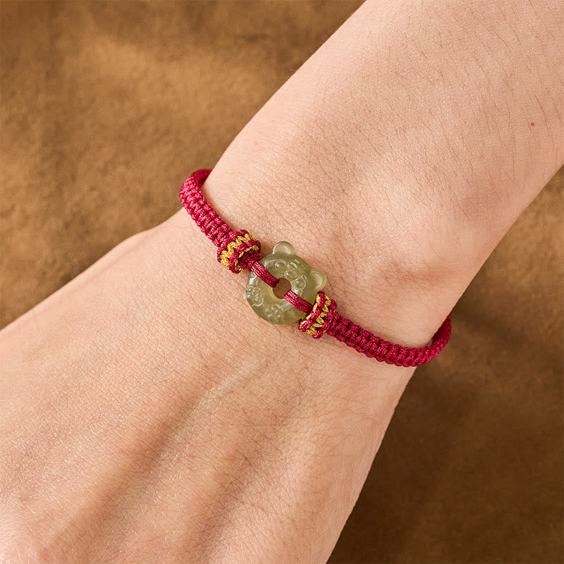 Nimara Ritual Jade Tiger Head Design Peace Buckle Grounding Red String Braided Bracelet
