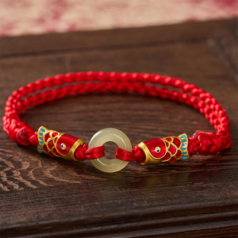 Nimara Ritual Hetian Jade Peace Buckle Double Koi Fish Red String Prosperity Bracelet