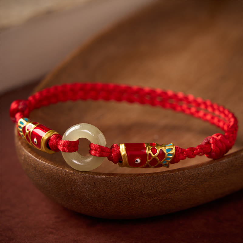 Nimara Ritual Hetian Jade Peace Buckle Double Koi Fish Red String Prosperity Bracelet