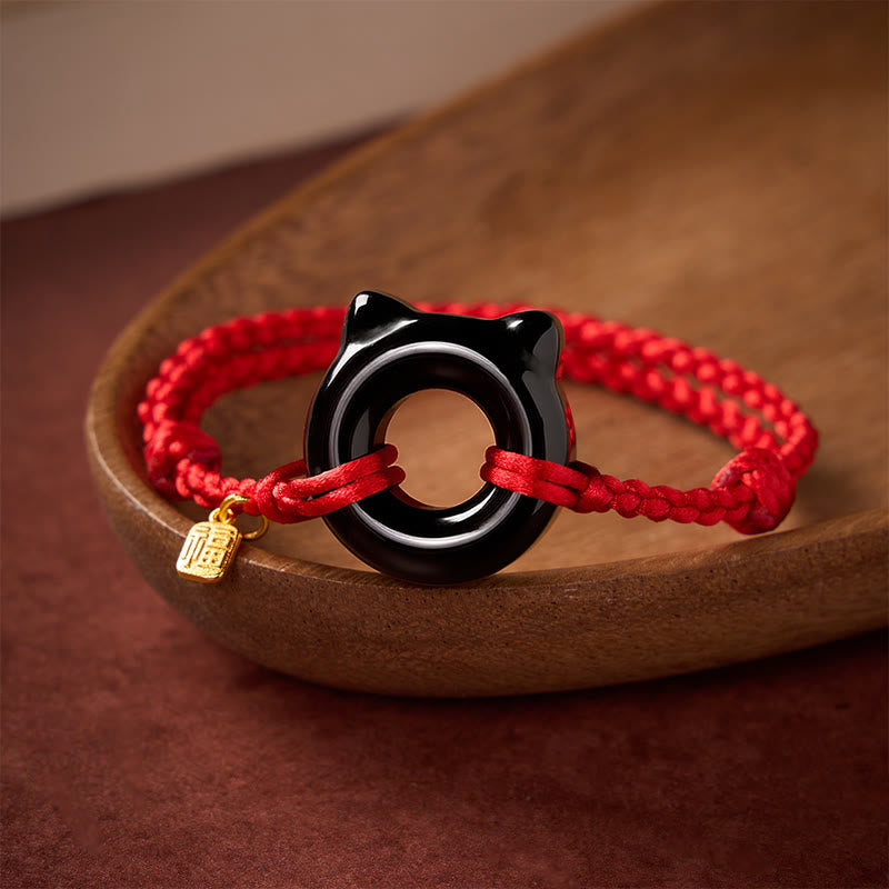 Nimara Ritual Black Obsidian Cat Design Peace Buckle Fu Character Red String Protection Braided Bracelet