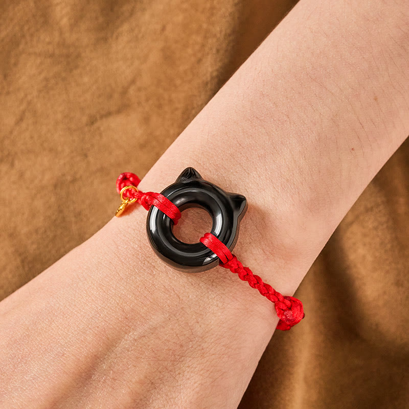 Nimara Ritual Black Obsidian Cat Design Peace Buckle Fu Character Red String Protection Braided Bracelet