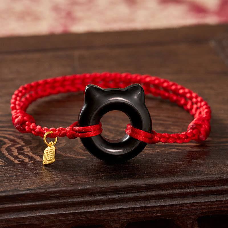 Nimara Ritual Black Obsidian Cat Design Peace Buckle Fu Character Red String Protection Braided Bracelet
