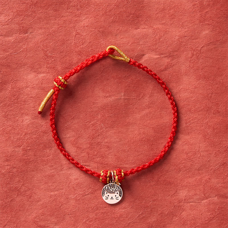 Nimara Ritual 925 Sterling Silver Kitten Eating Fish Round Pendant Prosperity Red Black String Braided Bracelet