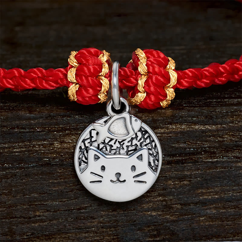 Nimara Ritual 925 Sterling Silver Kitten Eating Fish Round Pendant Prosperity Red Black String Braided Bracelet