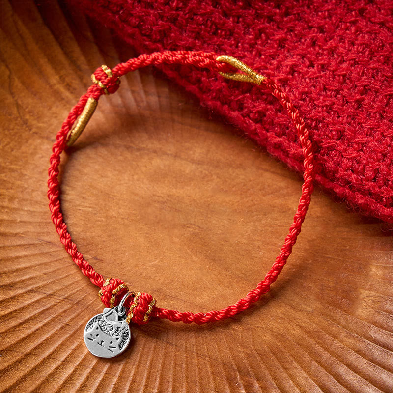 Nimara Ritual 925 Sterling Silver Kitten Eating Fish Round Pendant Prosperity Red Black String Braided Bracelet