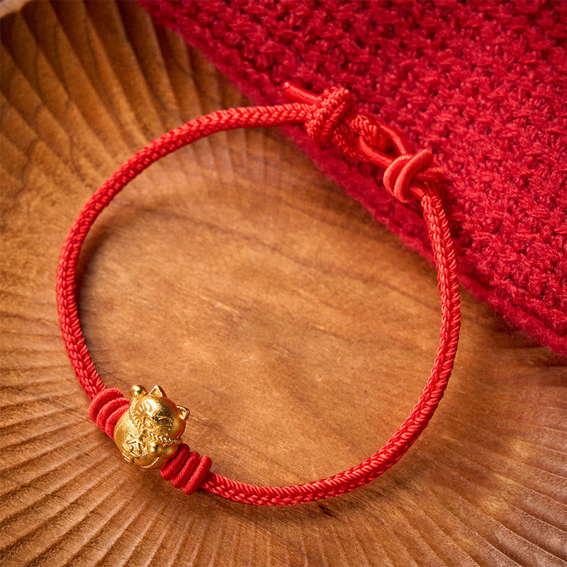 Nimara Ritual Hand-Woven Red String Copper Lucky Cat Blessing Adjustable Bracelet