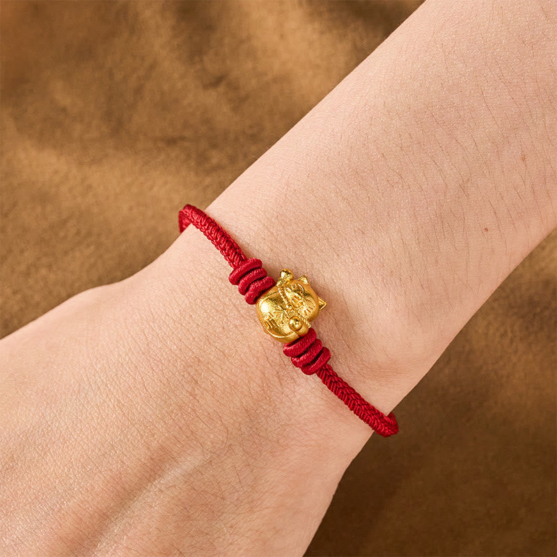 Nimara Ritual Hand-Woven Red String Copper Lucky Cat Blessing Adjustable Bracelet