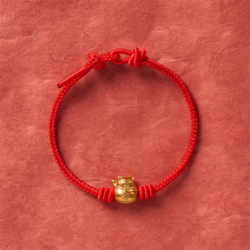 Nimara Ritual Hand-Woven Red String Copper Lucky Cat Blessing Adjustable Bracelet