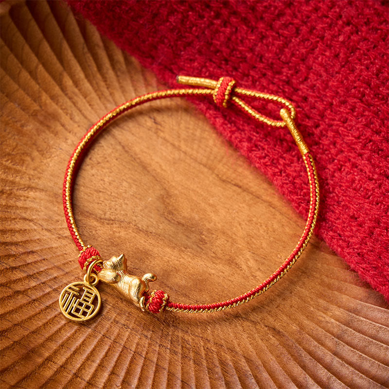 Nimara Ritual Lying-Down Cat Fu Character Copper Red String Hand-Woven Prosperity Bracelet