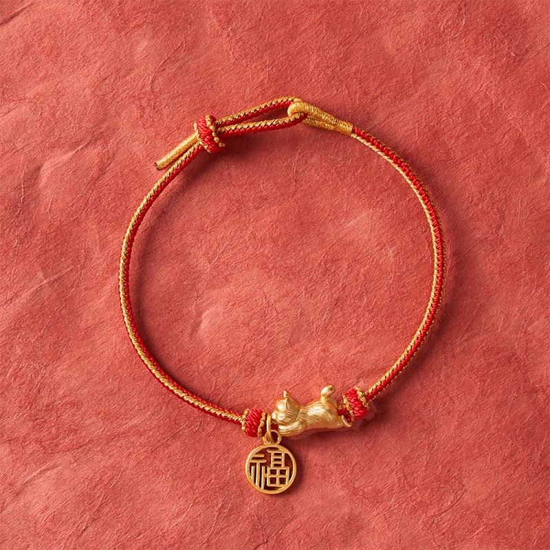Nimara Ritual Lying-Down Cat Fu Character Copper Red String Hand-Woven Prosperity Bracelet