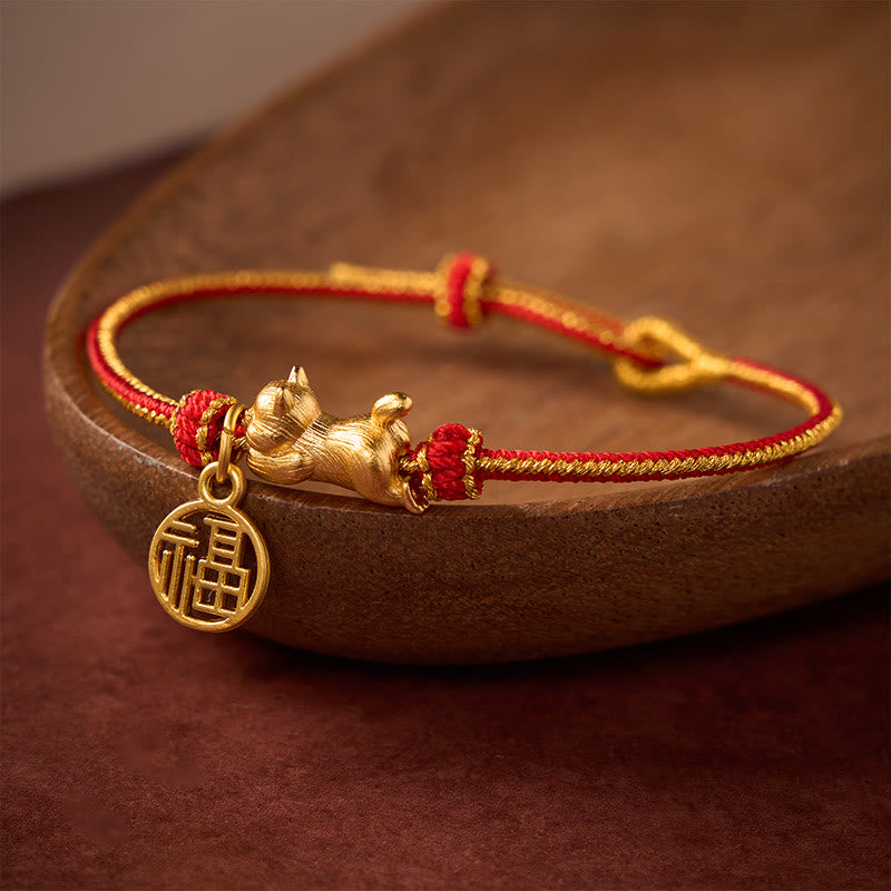 Nimara Ritual Lying-Down Cat Fu Character Copper Red String Hand-Woven Prosperity Bracelet