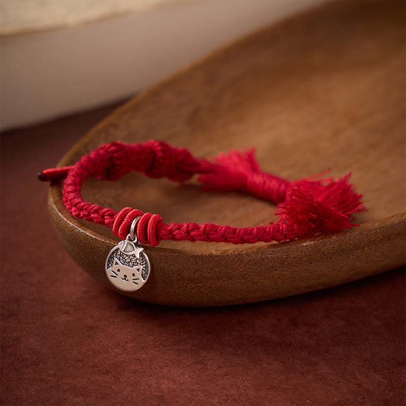 Nimara Ritual 925 Sterling Silver Cute Cat Fish Protection Tibet Red String Adjustable Bracelet