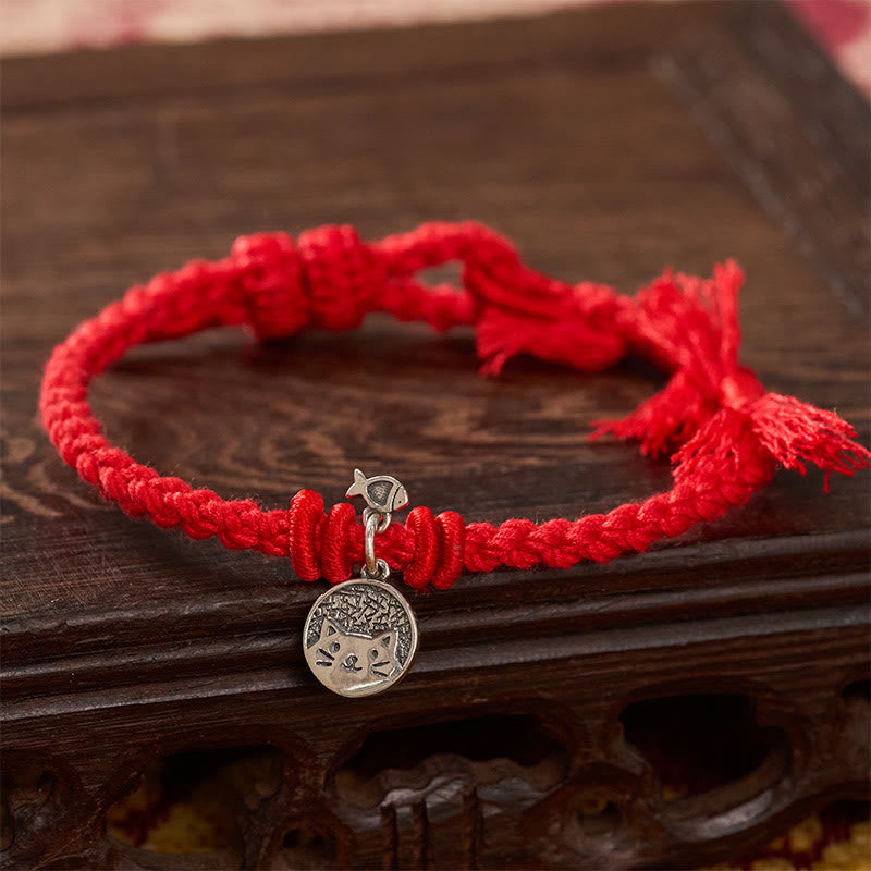 Nimara Ritual 925 Sterling Silver Cute Cat Fish Protection Tibet Red String Adjustable Bracelet