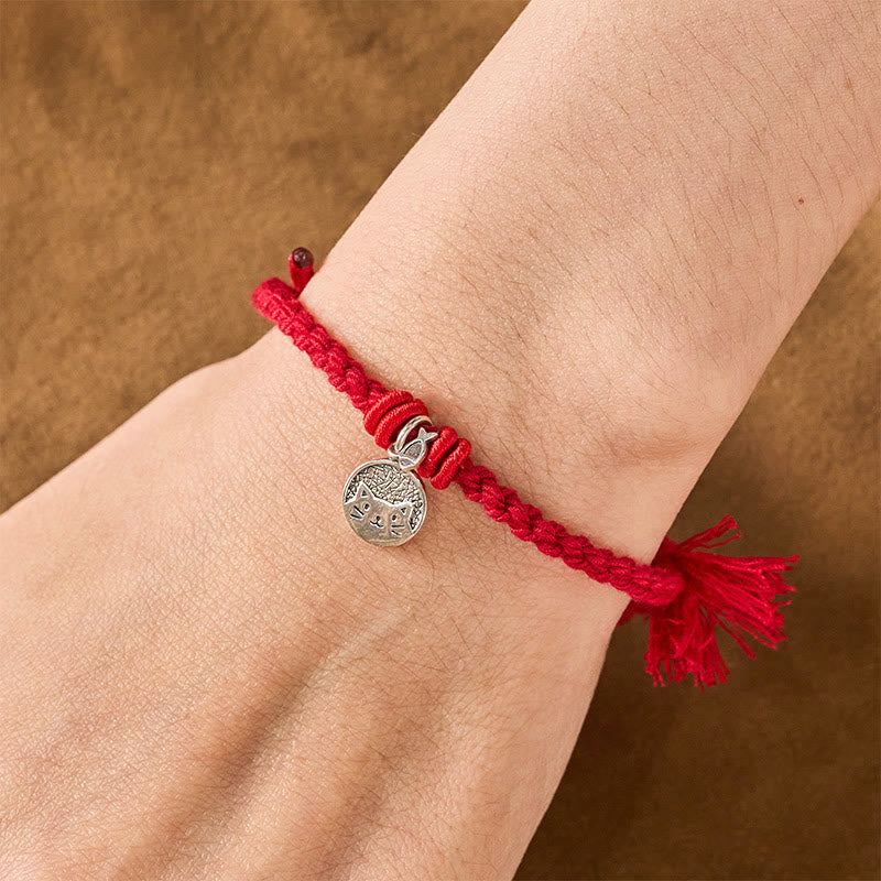 Nimara Ritual 925 Sterling Silver Cute Cat Fish Protection Tibet Red String Adjustable Bracelet