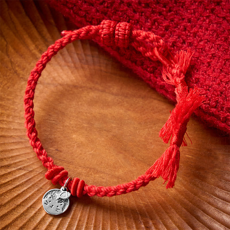 Nimara Ritual 925 Sterling Silver Cute Cat Fish Protection Tibet Red String Adjustable Bracelet