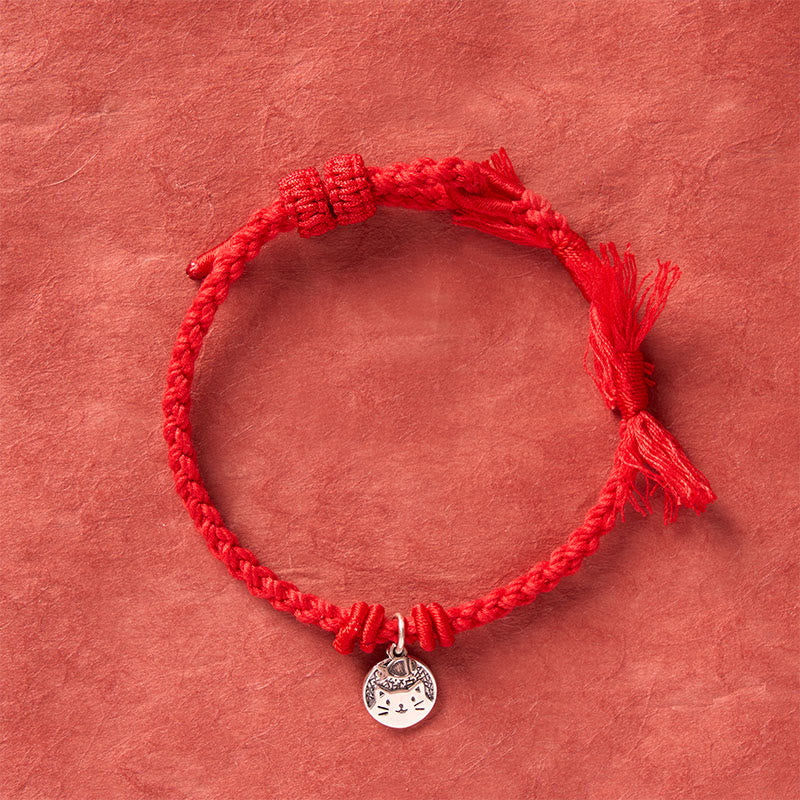 Nimara Ritual 925 Sterling Silver Cute Cat Fish Protection Tibet Red String Adjustable Bracelet