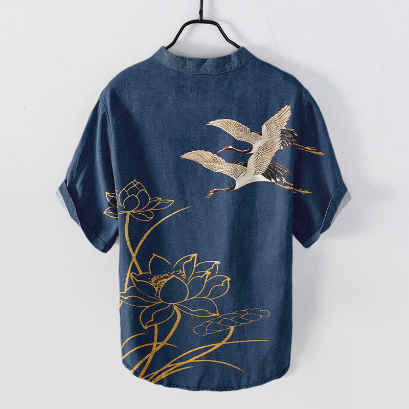 Nimara Ritual Cotton Crane Golden Lotus Pattern Men's Short Sleeve Half Button Shirt