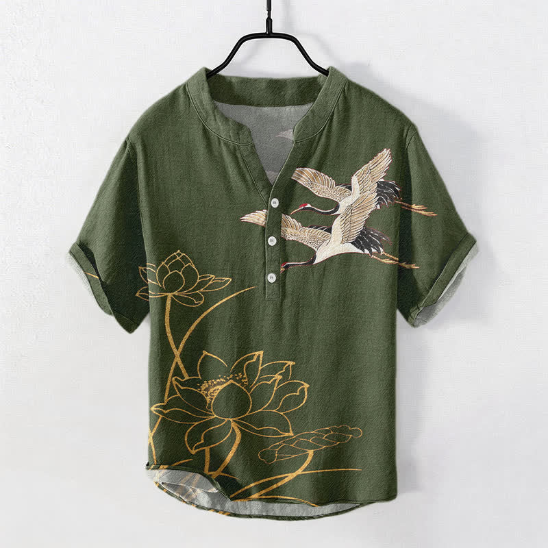 Nimara Ritual Cotton Crane Golden Lotus Pattern Men's Short Sleeve Half Button Shirt